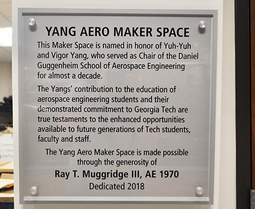 Steel dedication plaque that's at the entrance of the Yang Aero Maker SPace