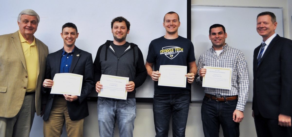 Prof. Dan Schrage and Dr. Al Brand flank the four recipients of the first-ever Bell Flight Fellowships