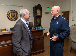President Angel Cabrera and General John Raymond talk briefly during Gen. Raymond's visit to Georgia Tech