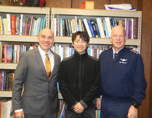 Mark Costello, Prof. Koki Ho, and General John Raymond pose for a photo during Gen. Raymond's Georgia Tech visit