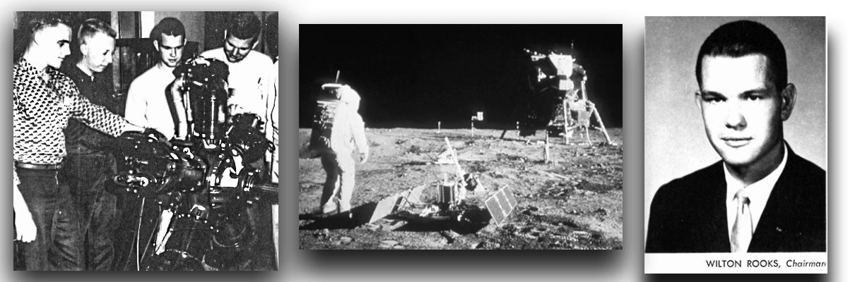 collage: photo of Wilton Brooks, as  aTech student, working on an engine; photo of the moonwalk in 1969; headshot of Wilton Brooks