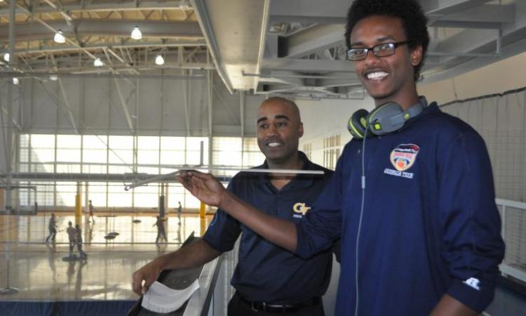 <p><em>Abel Tesfaye, right,  joined Professor Ruffin for the official launch of  the "Wright Team"  glider</em></p>