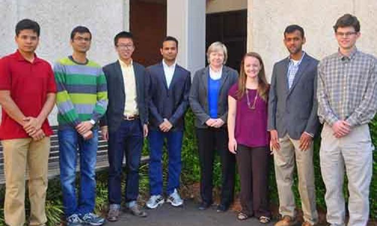 <p><em>Seen here with AHS advisor Dr. Marilyn Smith are, from left, Mohit Gupta, Dhwanil Shukla, Terry Ma, Vaibhav Kumar, Amanda Grubb, Jagadeesh Movva, and Kevin Richardson, recipients of Vertical Flight Foundation Scholarships.</em></p>
