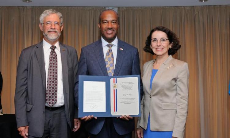 <p>May with John Holdren, Assistant to the President for Science and Technology, and Director of the White House Office of Science and Technology Policy; and France A. Córdova, Director of the National Science Foundation.</p>