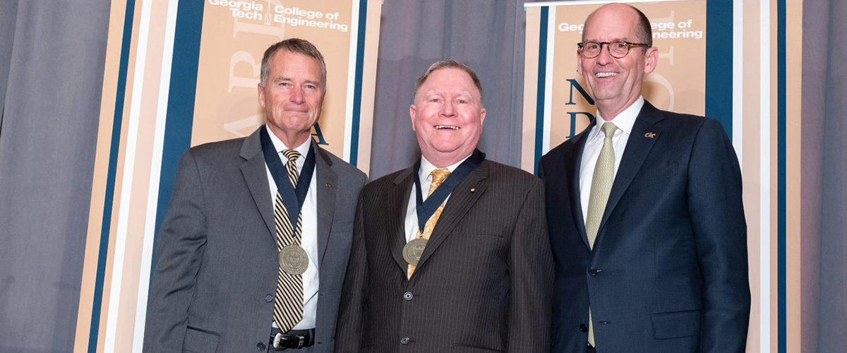 C. Perry Bankston, center, is seen here with Admiral James "Sandy" Winnefeld (ret.), AE '78, and CoE dean Steve McLaughlin