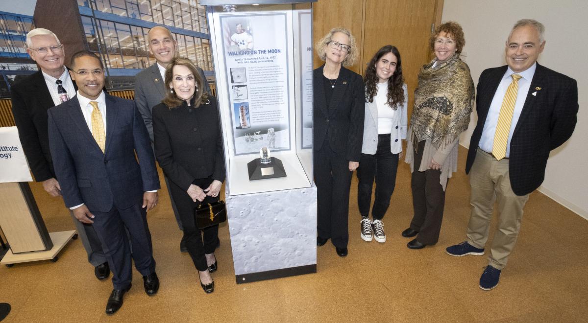 Photo of Apollo 16 lunar sample honoring John Young along with Susy Young, Georgia Tech community and leadership. 